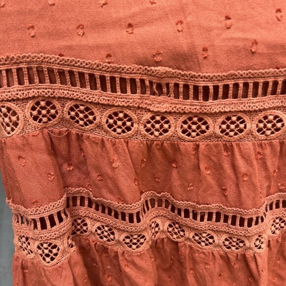 Anthropologie Burnt Orange Lace Swiss Dot Tiered Puff-Sleeve Mini Dress Sz XSP - Picture 4 of 7